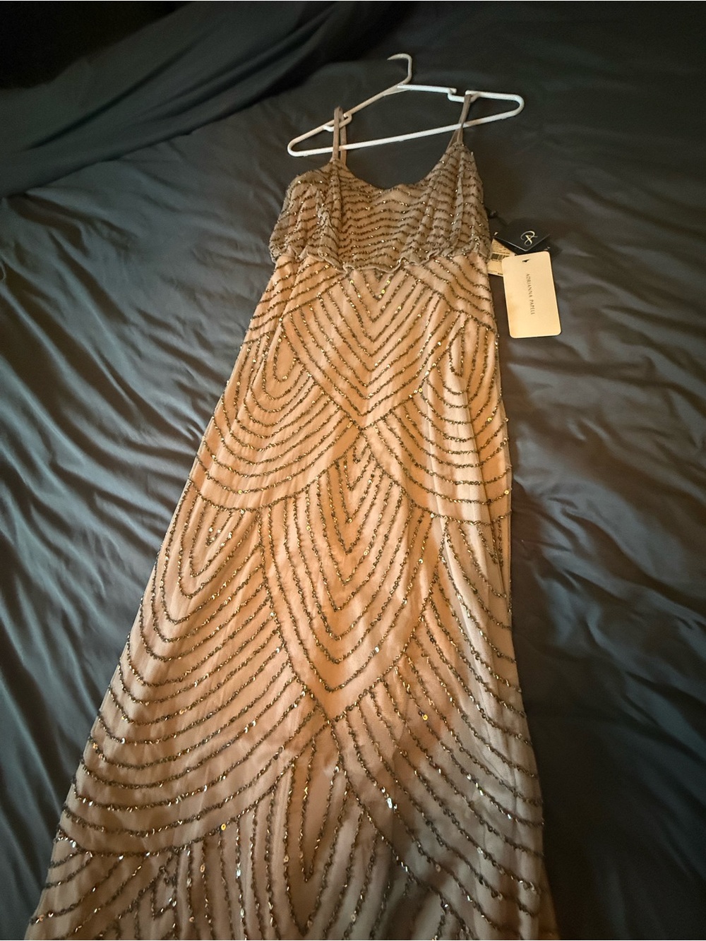 Adrianna Papell Gold Beaded Maxi Evening Dress